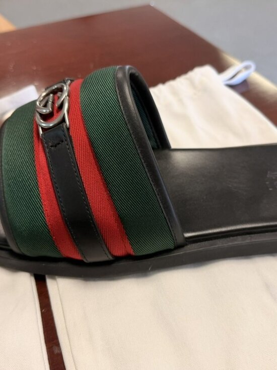 Gucci Men\'s Web Slide Sandals--Black Leather with Signature Stripe
